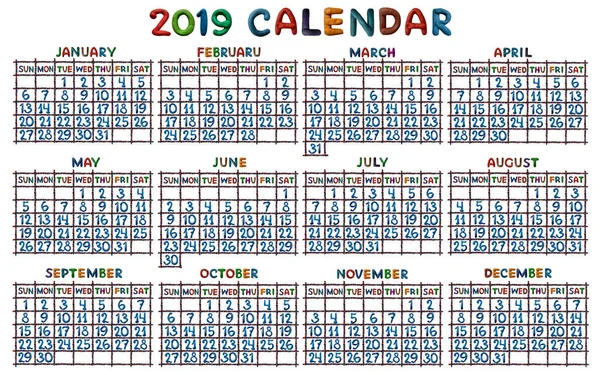 Kalendarz 2019 Roku Składa Się Elementów Które Modelowane Plasteliny Kolorowe — Zdjęcie stockowe