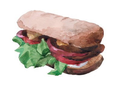 Bir hamburger iki pirzola ve beyaz zemin üzerine yeşil salata ile çizim suluboya