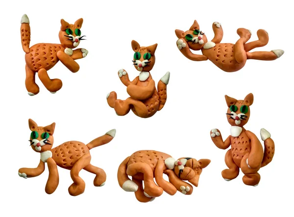 Seis Figuras Plasticina Brinquedo Retratando Gato Vermelho Várias Poses — Fotografia de Stock