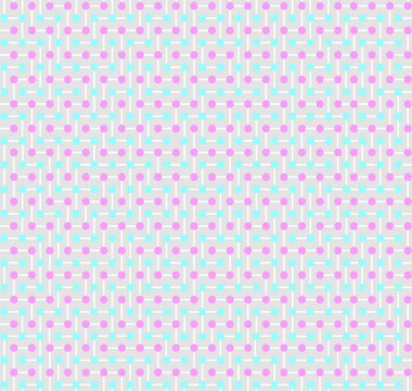 Sorunsuz doku, mavi ve pembe daireler ve gri bir arka planda beyaz parçalarda oluşan karmaşık bir labirent şeklinde yapılmış bir Patiska kumaş ile benzerdir 