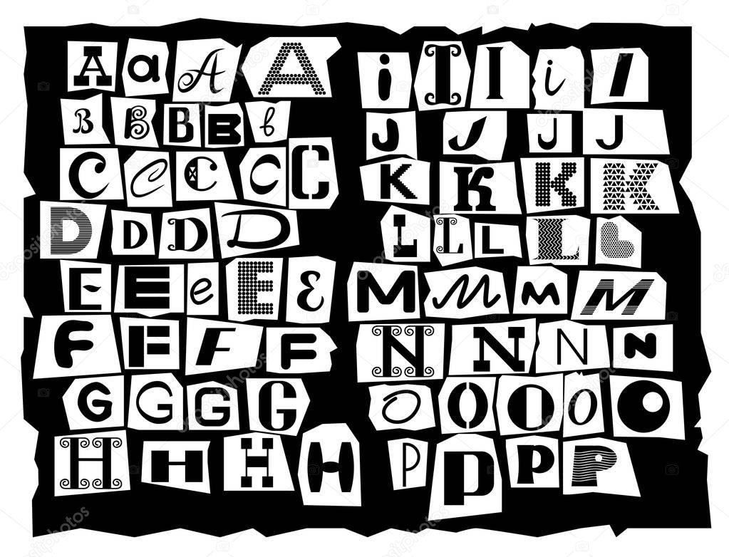 Latin Alphabet Made Up Of Letters Of Different Sizes And Shapes Is Drawn In The Style Of Inscriptions From Detective Stories Black Letters Are Cut From Newspaper Headlines Part Of The Latin Alphabet Made Up Of Letters Of Different Sizes And Shapes Is Drawn In The Style Of Inscriptions From Detective Stories Black Letters Are Cut From Newspaper Headlines Part Of The