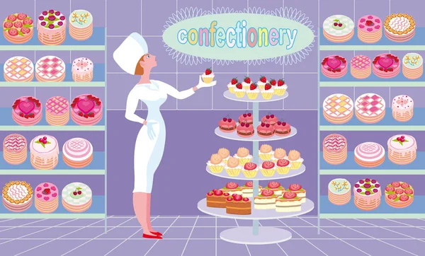 Pasta Dükkanında Satıcı Gururla Mal Gösterir Odada Kekler Içeren Vitrin — Stok Vektör