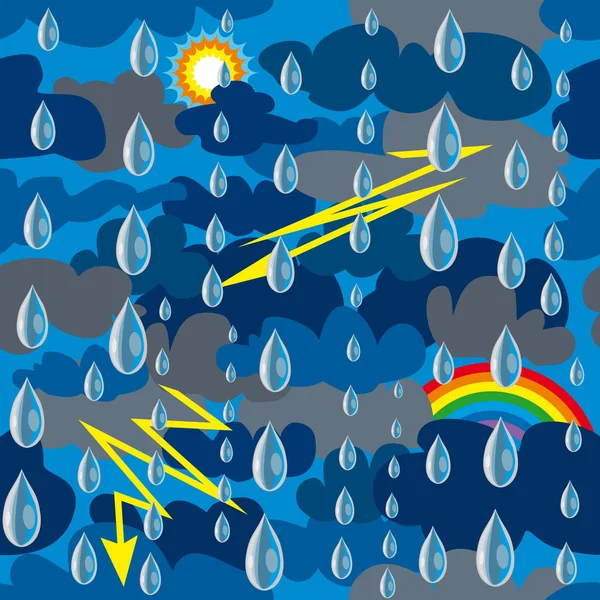 Бесшовный Узор Ткани Изображающей Небо Покрытое Облаками Дождём Молнией Солнце — стоковый вектор