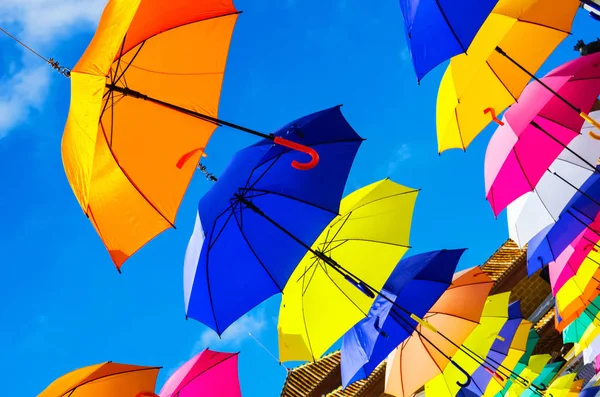 Colourful Umbrellas Urban Street Decoration Hanging Colorful Umbrellas Blue Sky — Stock Photo, Image