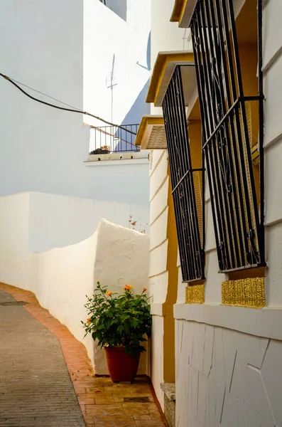Hermosa Calle Pintoresca Camino Angosto Fachadas Blancas Edificios Arquitectura Española — Foto de Stock