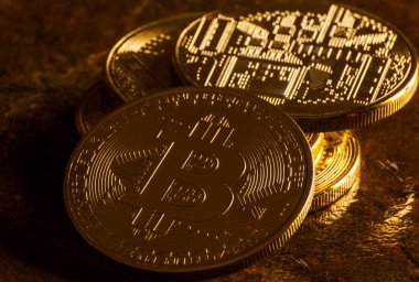 Kripto Döviz altın Bitcoin, Btc, makro-shot sikke, bitcoin incelemesi kavramı, finans