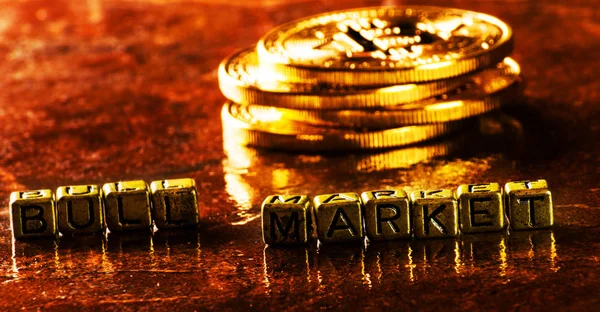 Mercado Del Toro Inscripción Con Moneda Crypto Bitcoin Oro Btc —  Fotos de Stock