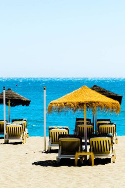 Güzel kumsalı ile palmiye ağacı şemsiye ve mavi deniz, tatil