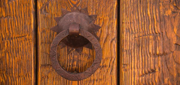 Pintu Dengan Pengetuk Kuningan Dalam Bentuk Dekorasi Pintu Masuk Yang — Stok Foto