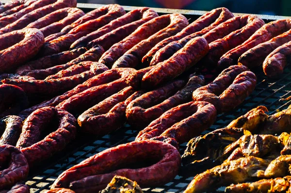 Different Types Meats Sausages Stacked Big Grill While Cooking Great — Stock Photo, Image