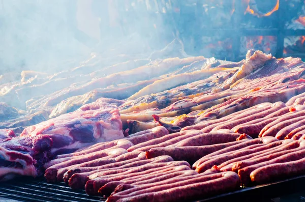 Different Types Meats Sausages Stacked Big Grill While Cooking Great — Stock Photo, Image