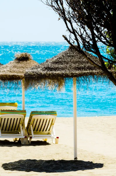 Hermosa Playa Arena Con Sombrillas Palmeras Mar Azul Vacaciones — Foto de Stock