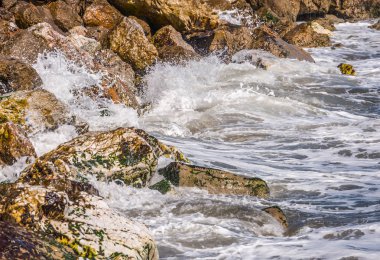 Mavi yaz dalgası ve kayaları ile şaşırtıcı deniz, rahatlatıcı kaya ve su manzarası, doğa