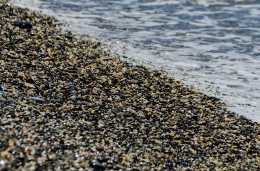 dalgalar deniz, küçük ve çeşitli taşlar sahile doğa şekillendirme tarafından yıkanmış Çakıl Plajı