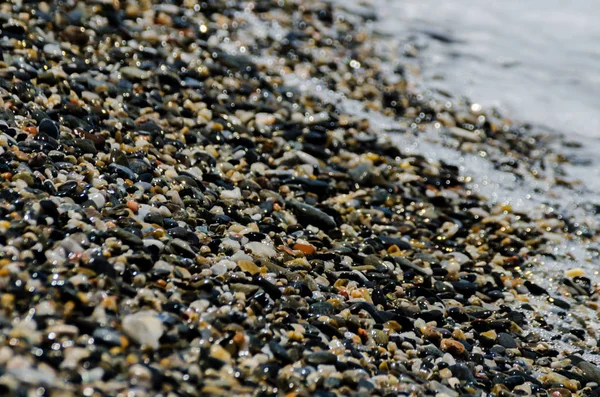 Kieselstrand Von Meereswellen Umspült Kleine Und Verschiedene Steine Die Das — Stockfoto