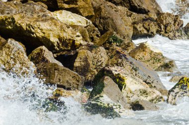 Mavi yaz dalgası ve kayaları ile şaşırtıcı deniz, rahatlatıcı kaya ve su manzarası, doğa