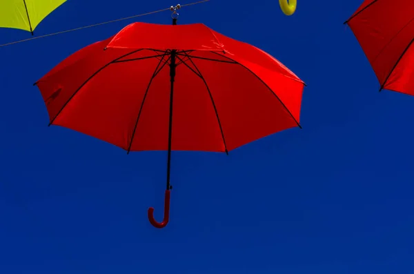 Colourful Umbrellas Urban Street Decoration Hanging Colorful Umbrellas Blue Sky — Stock Photo, Image