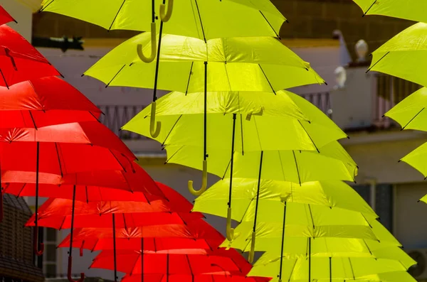 Colourful Umbrellas Urban Street Decoration Hanging Colorful Umbrellas Blue Sky — Stock Photo, Image