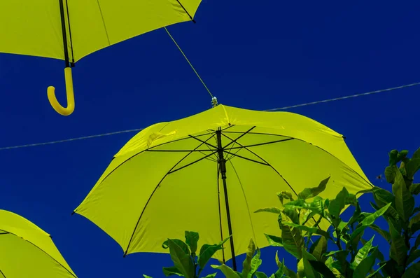 Parapluies Colorés Décoration Urbaine Rue Parapluies Colorés Suspendus Sur Ciel — Photo