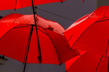 Renkli şemsiyeler kentsel sokak dekorasyon. Mavi gökyüzü, turistik, güneşli gün asılı renkli şemsiyeler