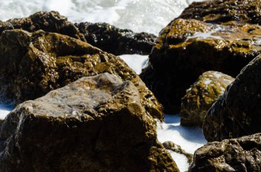 Mavi yaz dalgası ve kayaları ile şaşırtıcı deniz, rahatlatıcı kaya ve su manzarası, doğa