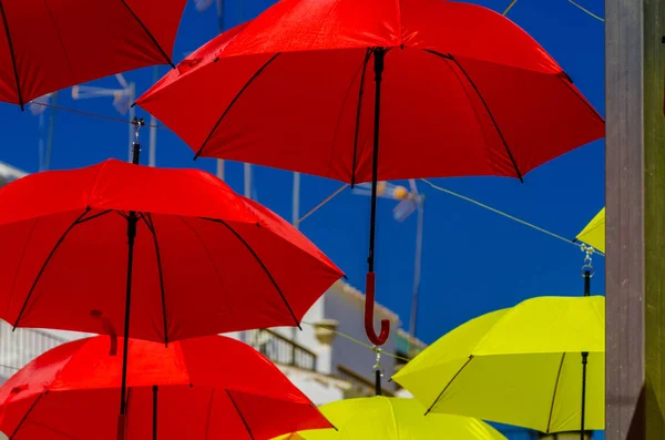 Colourful Umbrellas Urban Street Decoration Hanging Colorful Umbrellas Blue Sky — Stock Photo, Image