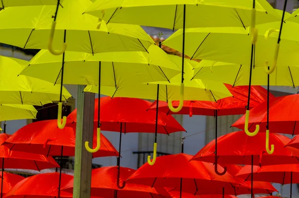 Colourful Umbrellas Urban Street Decoration Hanging Colorful Umbrellas Blue Sky — Stock Photo, Image