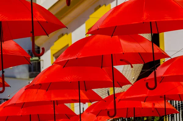 Colourful Umbrellas Urban Street Decoration Hanging Colorful Umbrellas Blue Sky — Stock Photo, Image