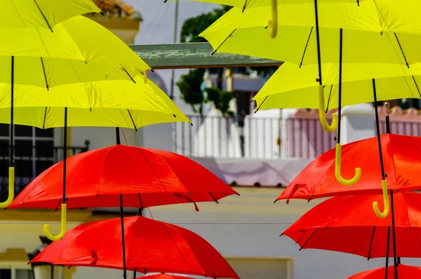 Colourful Umbrellas Urban Street Decoration Hanging Colorful Umbrellas Blue Sky — Stock Photo, Image