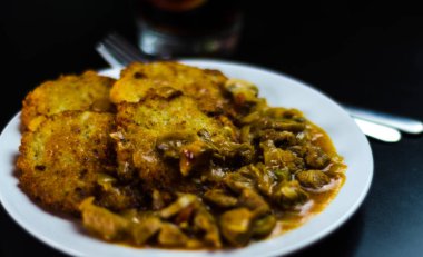 baharatlı güveç, leziz yemek lezzetli geleneksel yemek, Macar mutfağı ile patates pancakes