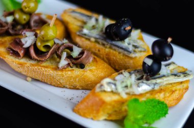 İspanyol deniz ürünleri tapas, mini sandviç yemek set, lezzetli Aperatif meze, öğle yemeği