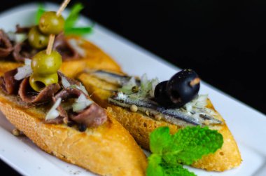 İspanyol deniz ürünleri tapas, mini sandviç yemek set, lezzetli Aperatif meze, öğle yemeği