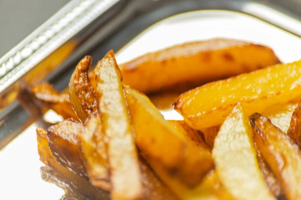 Closeup Golden Fries Prepared Fresh Potatoes Greasy Delicious Food Unhealty — Stock Photo, Image