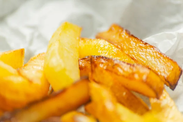 Closeup Golden Fries Prepared Fresh Potatoes Greasy Delicious Food Unhealty — Stock Photo, Image