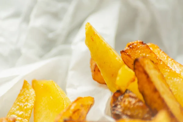 Gros Plan Frites Dorées Préparées Partir Pommes Terre Fraîches Nourriture — Photo