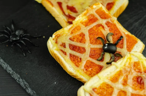 Sándwiches Divertidos Con Araña Tela Araña Para Fiesta Halloween Comida — Foto de Stock