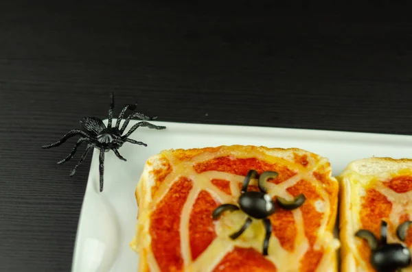 Sanduíches Engraçados Com Aranha Teia Aranha Para Festa Halloween Comida — Fotografia de Stock