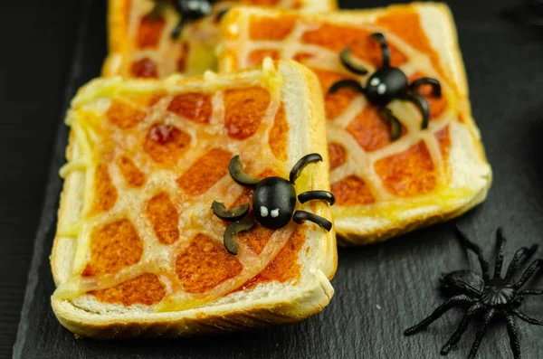 Sándwiches Divertidos Con Araña Tela Araña Para Fiesta Halloween Comida — Foto de Stock