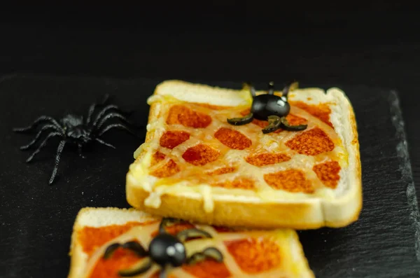 Sándwiches Divertidos Con Araña Tela Araña Para Fiesta Halloween Comida — Foto de Stock