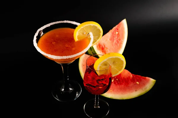 Red Refreshing Drink Basis Watermelon Black Background Party Night — Stock Photo, Image