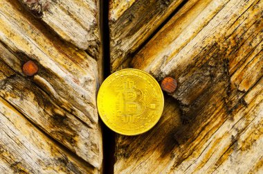 Kripto Döviz altın Bitcoin, Btc, makro çekim Bitcoin ahşap arka plan üzerinde bitcoin incelemesi kavramı paralar.