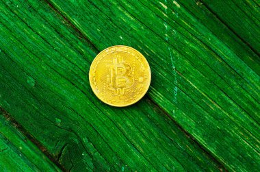 Kripto Döviz altın Bitcoin, Btc, makro çekim Bitcoin ahşap arka plan üzerinde bitcoin incelemesi kavramı paralar.