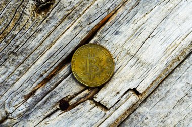 Kripto Döviz altın Bitcoin, Btc, makro çekim Bitcoin ahşap arka plan üzerinde bitcoin incelemesi kavramı paralar.