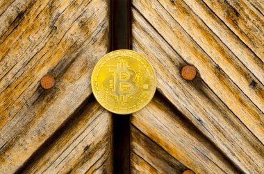 Kripto Döviz altın Bitcoin, Btc, makro çekim Bitcoin ahşap arka plan üzerinde bitcoin incelemesi kavramı paralar.