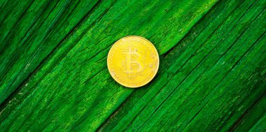 Kripto Döviz altın Bitcoin, Btc, makro çekim Bitcoin ahşap arka plan üzerinde bitcoin incelemesi kavramı paralar.