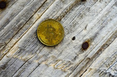 Kripto Döviz altın Bitcoin, Btc, makro çekim Bitcoin ahşap arka plan üzerinde bitcoin incelemesi kavramı paralar.