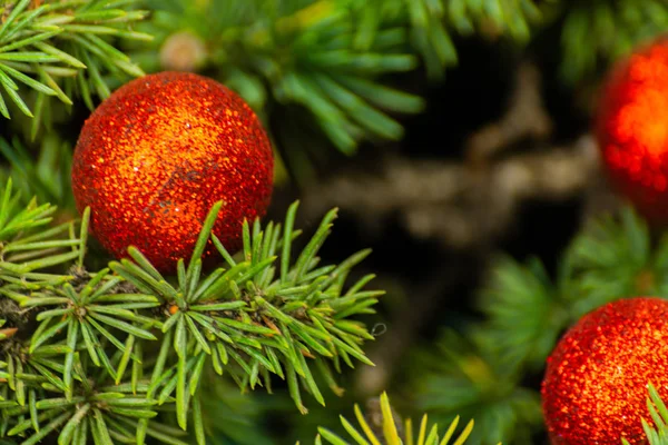 圣诞树分支和球 特写镜头为圣诞节装饰 节日背景 — 图库照片