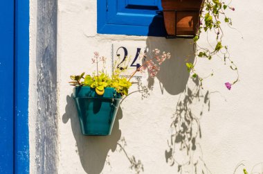 Seramik saksıyı çiçek ile dekorasyon kentsel mekan, dekoratif sokak duvarda asılı