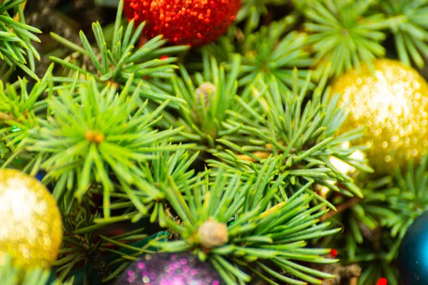 Christmas Tree Branch Ballen Close Voor Xmas Decoratie Vakantiewoningen Achtergrond — Stockfoto