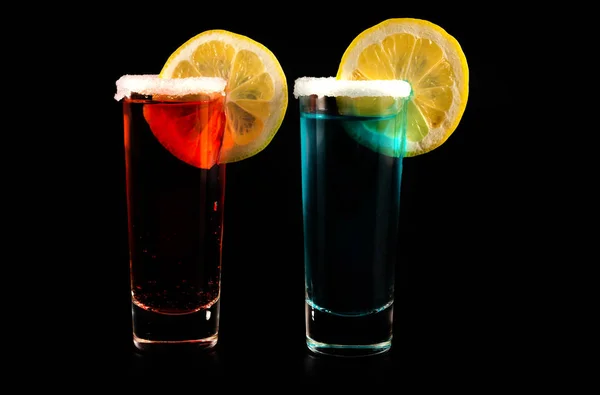 Mixed Drinks Shot Glasses Prepared Bartender Black Background Party Night — Stock Photo, Image